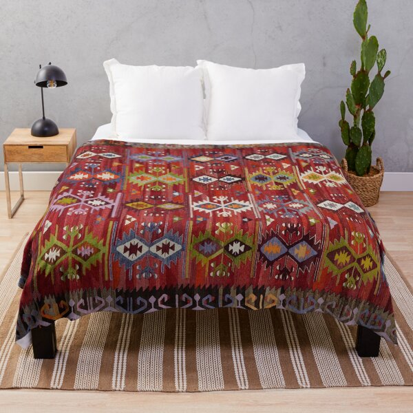 Item preview, Colorful Geometric Turkish Kilim in Red Background designed and sold by BulganLumini.