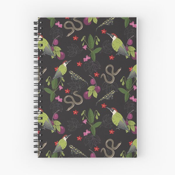 Item preview, Green woodpecker, salamander, slow worm, plums and flowers, a pattern inspired by forest trips in the Czech Republic. Large pattern designed and sold by Naty Design Prague.