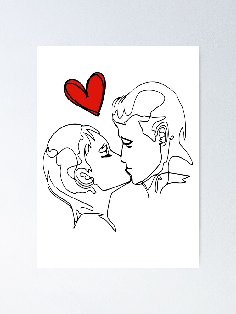  Póster «Pareja beso imprimible, impresión de dibujo de una línea, cartel de arte de intimidad en blanco y negro, arte de besos minimalista original, decoración fina mínima.» de HibaCraft