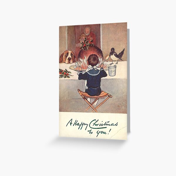 "A Happy Christmas To You" with Christmas Pudding, Holly, Bird, and Dog Vintage Christmas Postcard (1905) Greeting Card