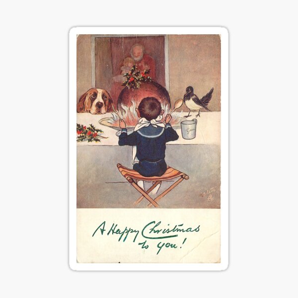 "A Happy Christmas To You" with Christmas Pudding, Holly, Bird, and Dog Vintage Christmas Postcard (1905) Sticker