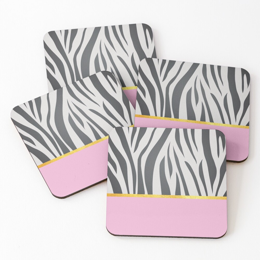 Black and white zebra print on pink, golden lining Coasters (Set of 4)