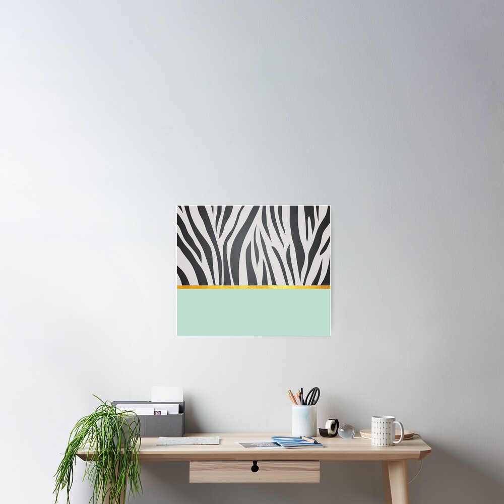 Black and white zebra print on green, golden lining Poster
