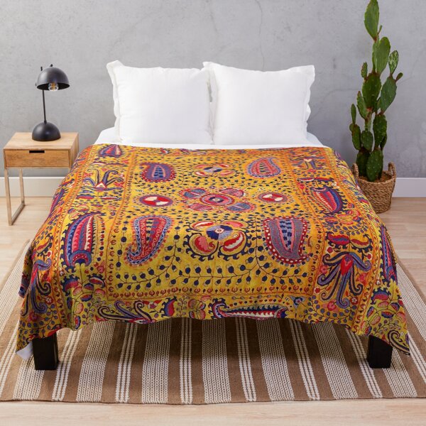 Item preview, ANTIQUE RED BLUE ORANGE FLORAL UZBEK SUZANI EMBROIDERY IN YELLOW designed and sold by BulganLumini.