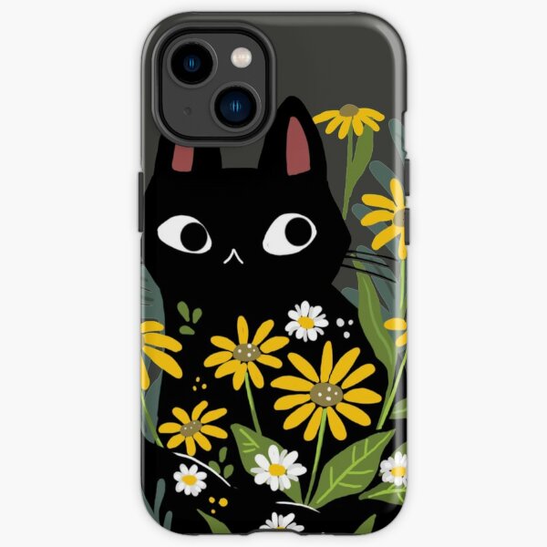 Chat noir avec des fleurs Coque antichoc iPhone