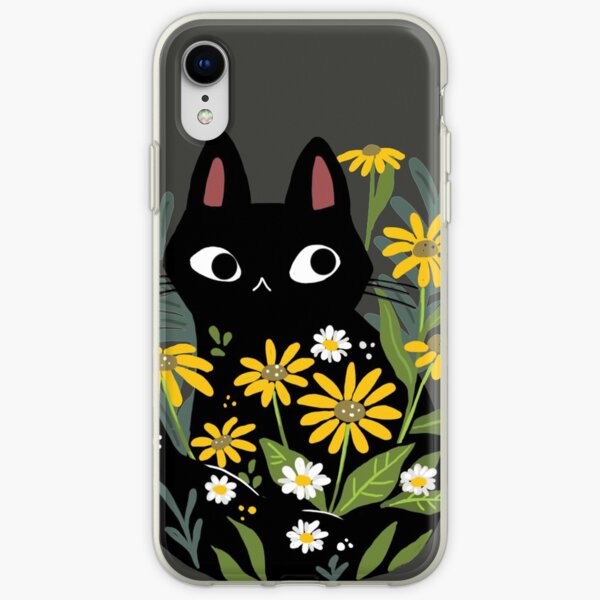 Black cat with flowers iPhone Soft Case