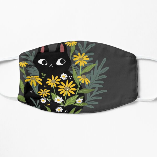 Black cat with flowers Flat Mask