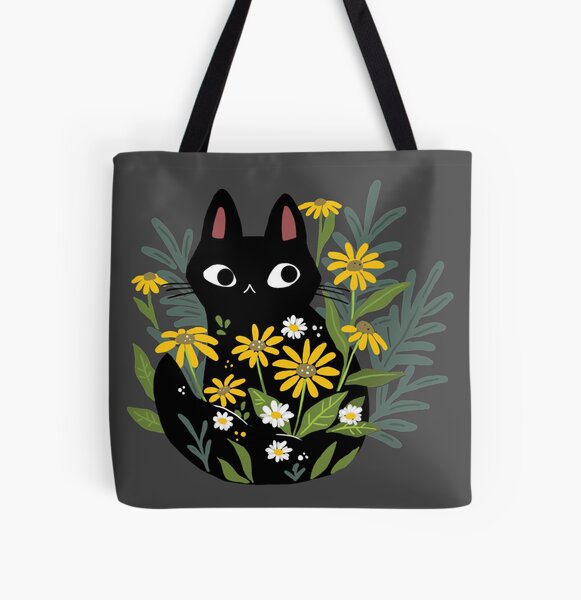 Gato negro con flores Bolsa estampada de tela