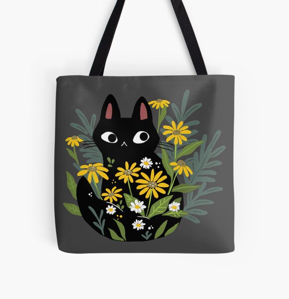 Schwarze Katze mit Blumen Allover-Print Tote Bag