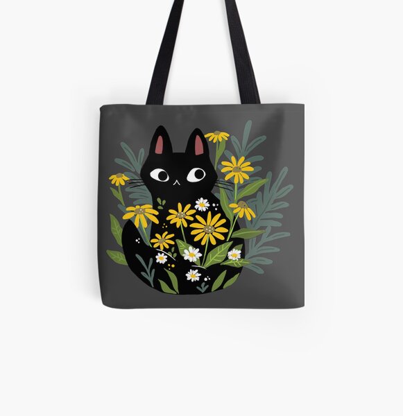 Black cat with flowers All Over Print Tote Bag