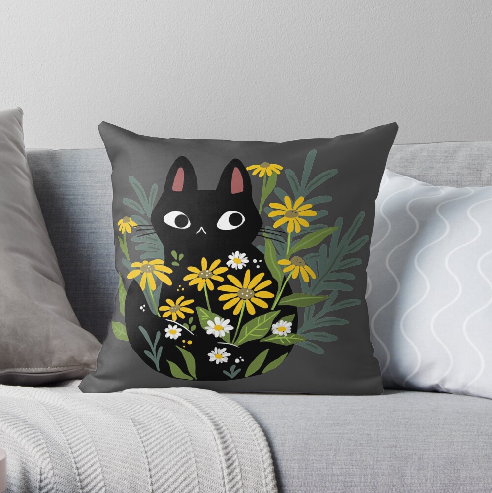 Black cat with flowers  Throw Pillow