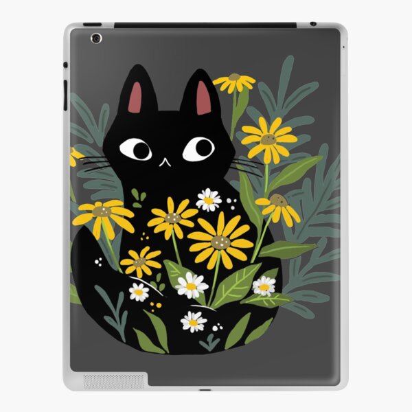 Black cat with flowers iPad Skin