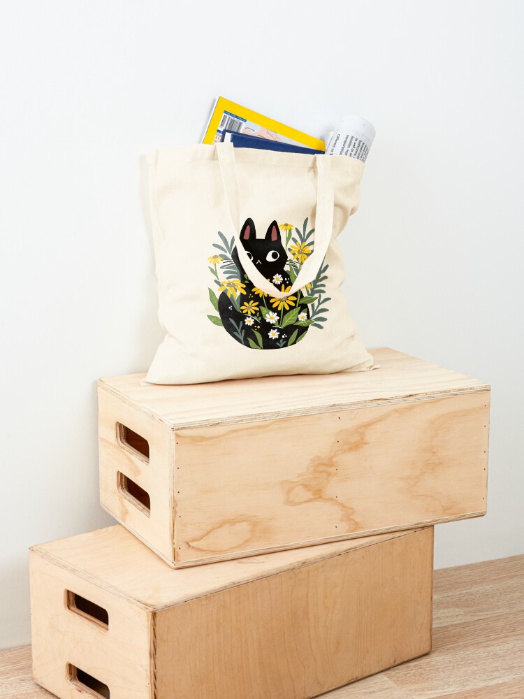 Alternate view of Black cat with flowers Tote Bag