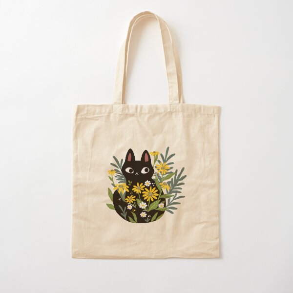 Black cat with flowers  Cotton Tote Bag