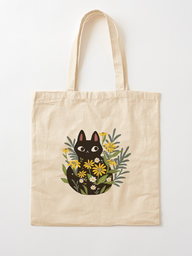 Alternate view of Black cat with flowers Tote Bag
