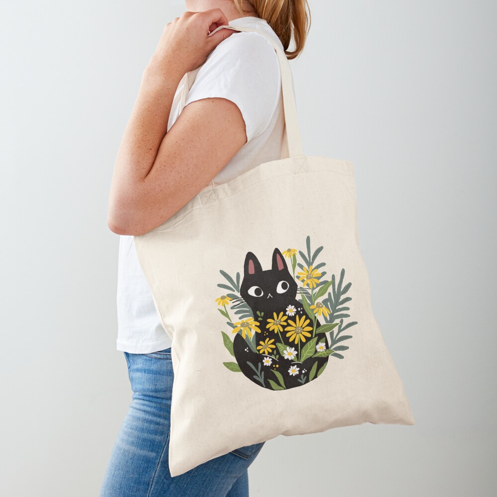 Black cat with flowers Tote Bag