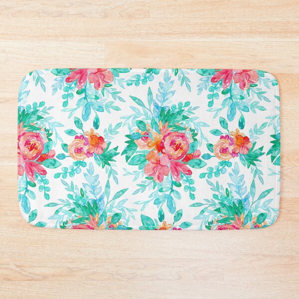 Artikelvorschau, Saftiger Aquarell-Chintz in Blaugrün, Türkis, Blush Pink, Rosenrot und leuchtendem Orange entworfen und verkauft von Perrin Le Feuvre.