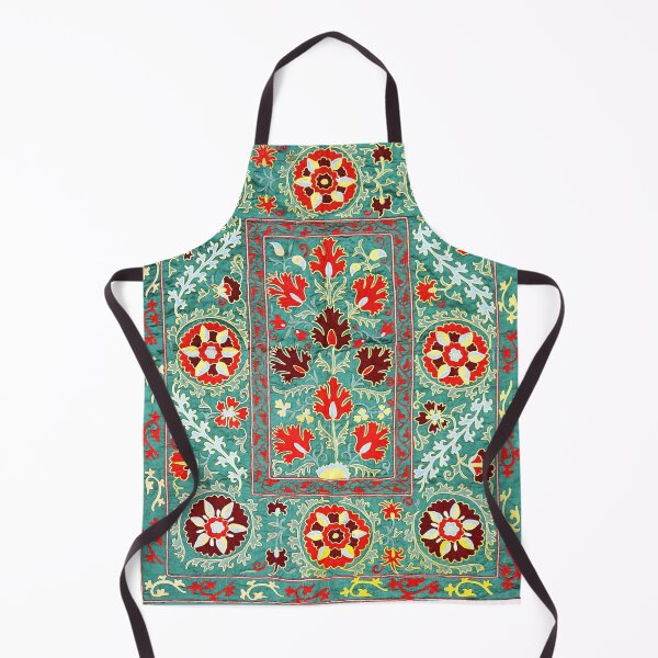 Item preview, ANTIQUE RED YELLOW  WHITE FLORAL UZBEK EMBROIDERY WITH POMEGRANATE FLOWERS IN TURQUOISE BLUE designed and sold by BulganLumini.