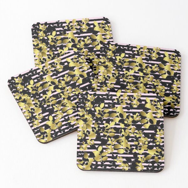 Item preview, Black and golden leaves on black pink stripes  designed and sold by GittaG74.