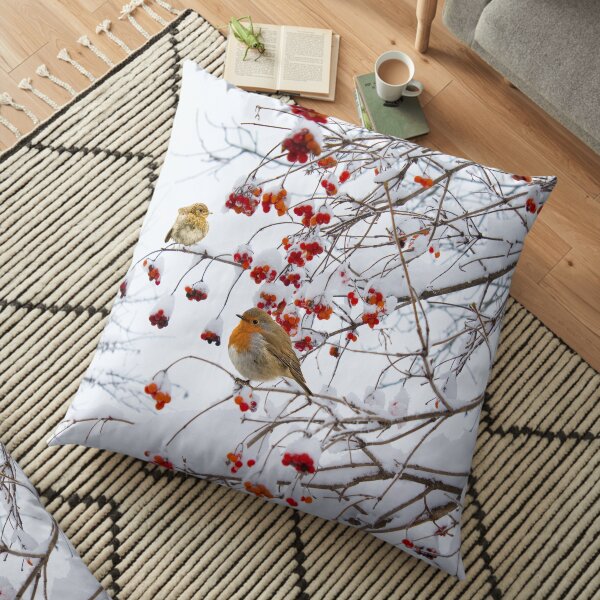 Red breast Robin family in Winter Floor Pillow