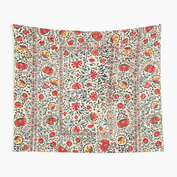 ANTIQUE RED GREEN ORANGE YELLOW CREAM FLORAL UZBEK EMBROIDERY WITH POMEGRANATE FLOWERS Tapestry