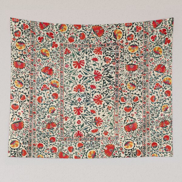 Item preview, ANTIQUE RED GREEN ORANGE YELLOW CREAM FLORAL UZBEK EMBROIDERY WITH POMEGRANATE FLOWERS designed and sold by BulganLumini.