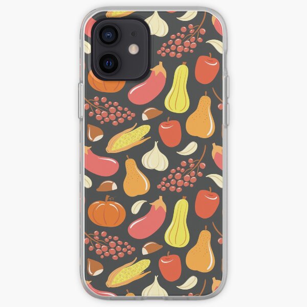 Seasonal fruits and veggies garden illustration pattern, gray iPhone Soft Case
