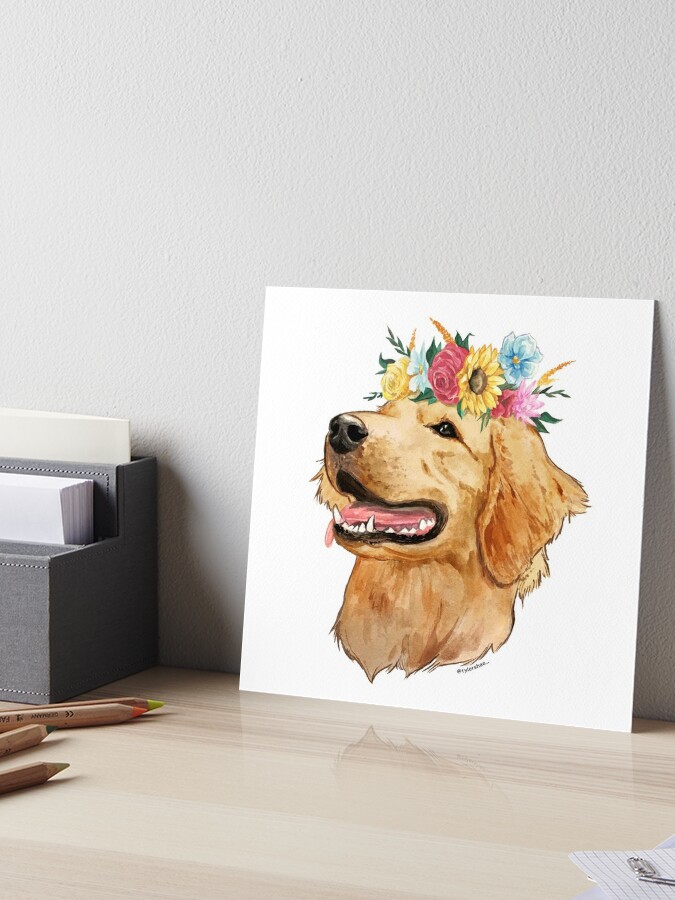 Golden Retriever Dog with Floral Crown Art Print – Funny Decoration Gift –  Cute Room Decor – Poster Wall Tapestry by Mia Charro