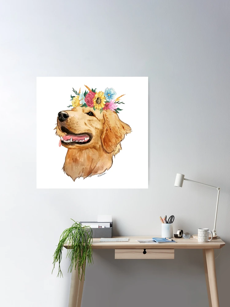 Golden Retriever Dog with Floral Crown Art Print – Funny Decoration Gift –  Cute Room Decor – Poster Wall Tapestry by Mia Charro