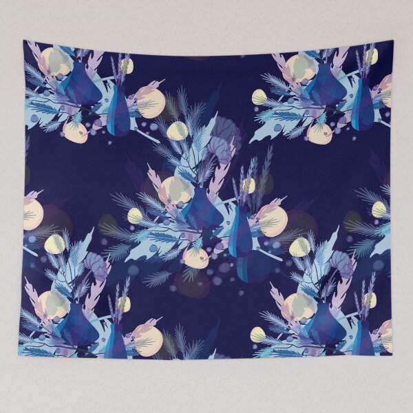 Item preview, composition of plants in blue tones on dark deep blue background seamless pattern designed and sold by Liza-RKS.