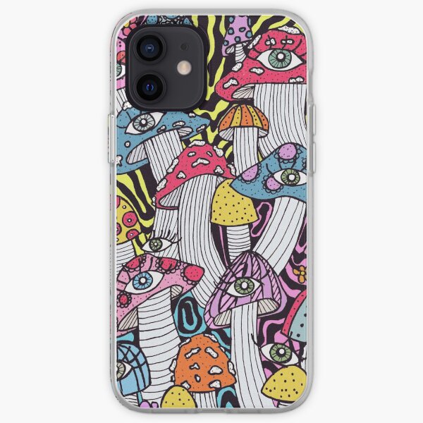sloppy, trippy, psychedelic and extremely colorful mushrooms with eyes and flowers iPhone Soft Case