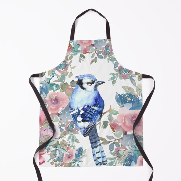Blue small bird in roses watercolor design Apron