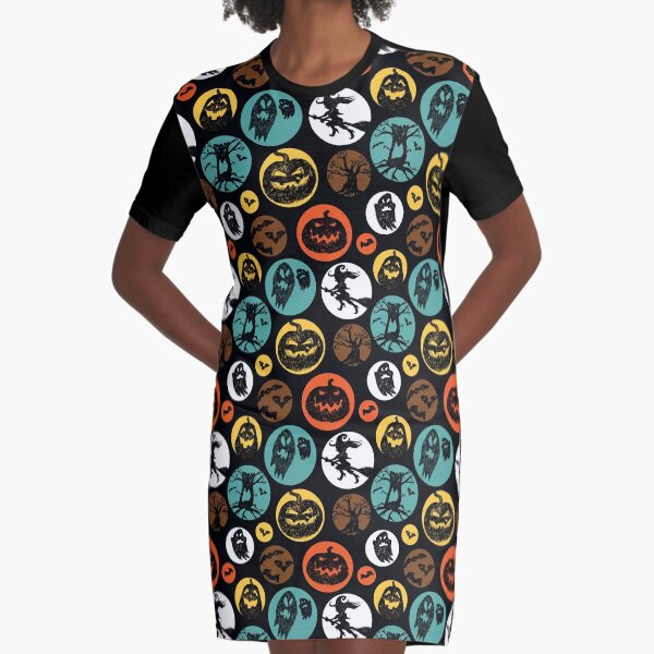 Vector dark colourful hand drawn halloween spooky silhouettes in circles repeat pattern. Graphic T-Shirt Dress