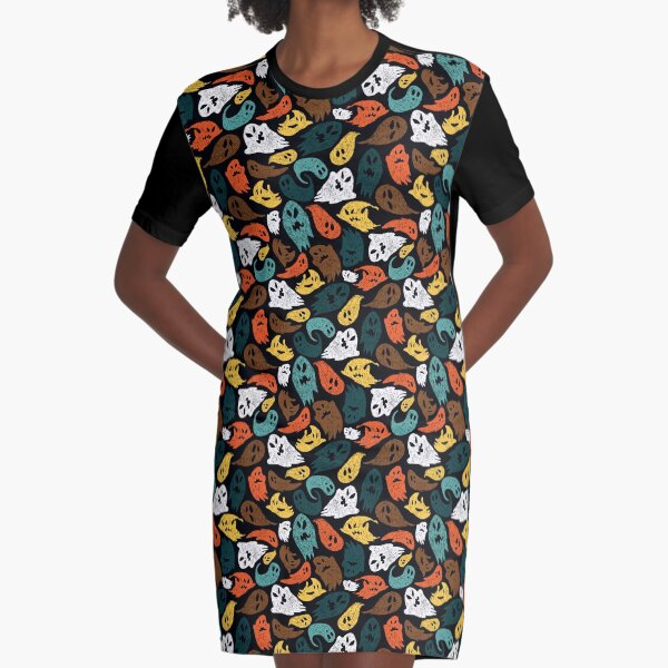 Vector black colourful cute sketch of cartoon ghosts seamless pattern. Graphic T-Shirt Dress