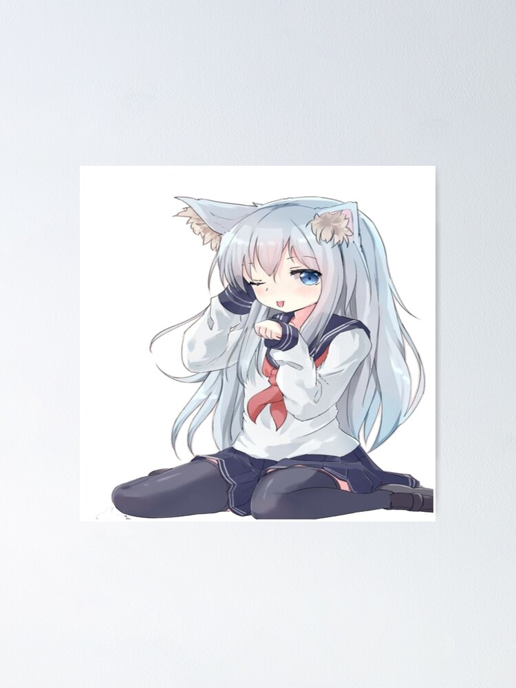 Kawaii Anime Neko Cat Girl With white hair Poster for Sale by