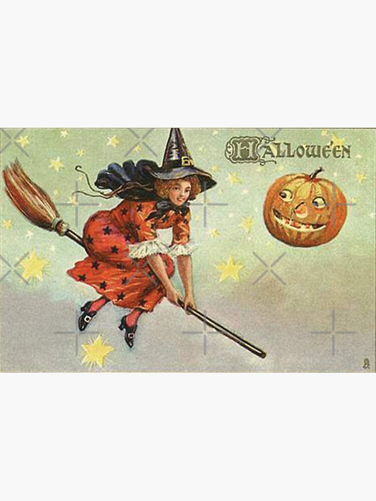 Vintage Greeting Card Pretty Witch in Red Dress Flying on Broom  