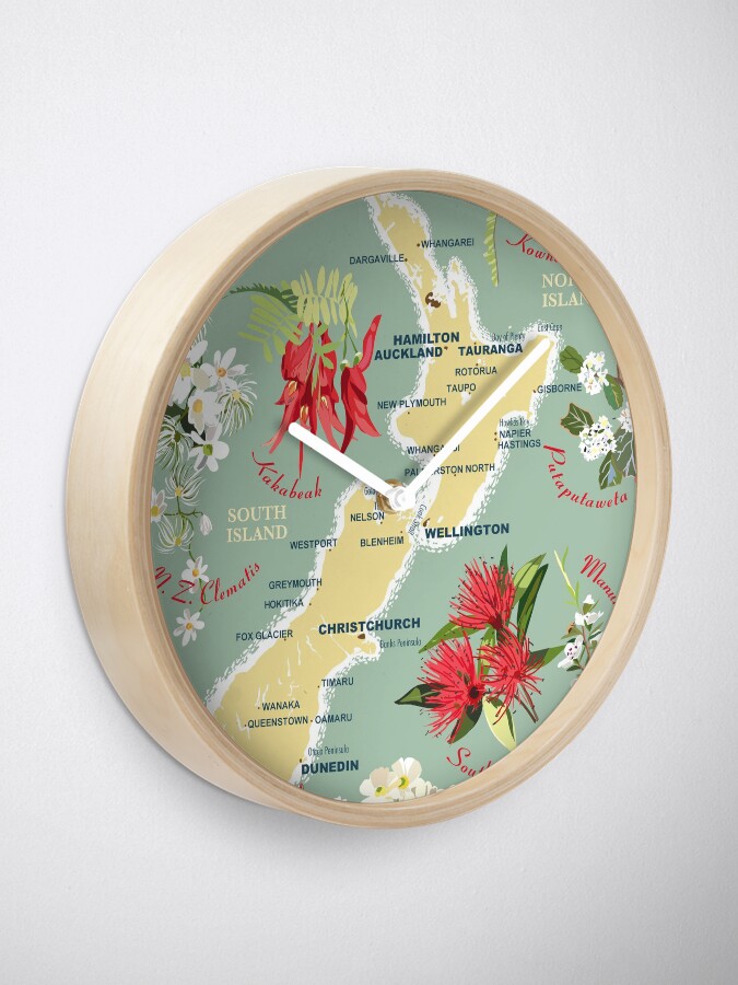 Alternate view of New Zealand Floral Map Clock
