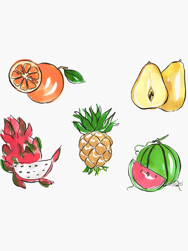 "5 Colorful Fruits Stickers Dragon fruit Orange Pear Pineapple