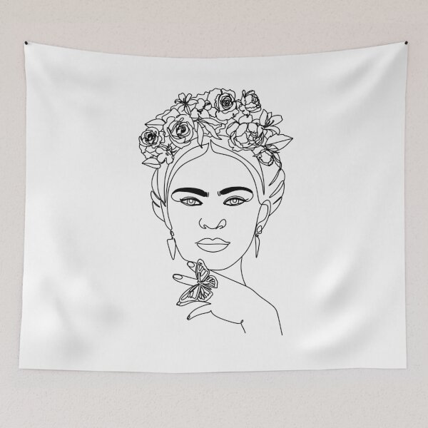 Item preview, Frida Kahlo Floral Exotic Portrait on White Illustration.  Line drawing Mexican woman art designed and sold by OneLinePrint.