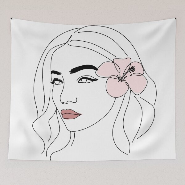 Item preview, Beautiful girl with hibiscus flower in her hair.Abstract face with flowers by line art  drawing. Portrait minimalistic style.  designed and sold by OneLinePrint.