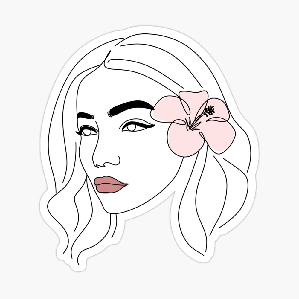 Beautiful girl with hibiscus flower in her  face with flowers  by line art drawing. Portrait minimalistic style. 