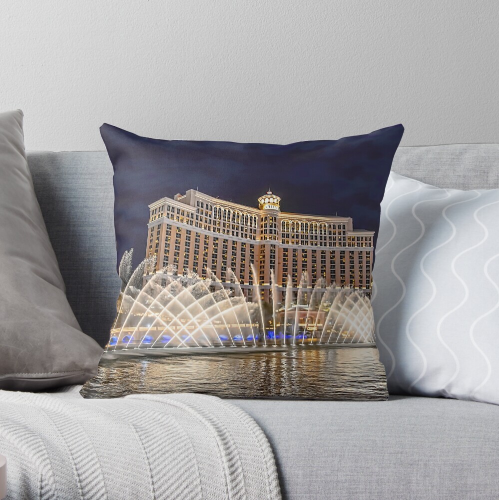The Fountains of Bellagio at night in Las Vegas Throw Pillow