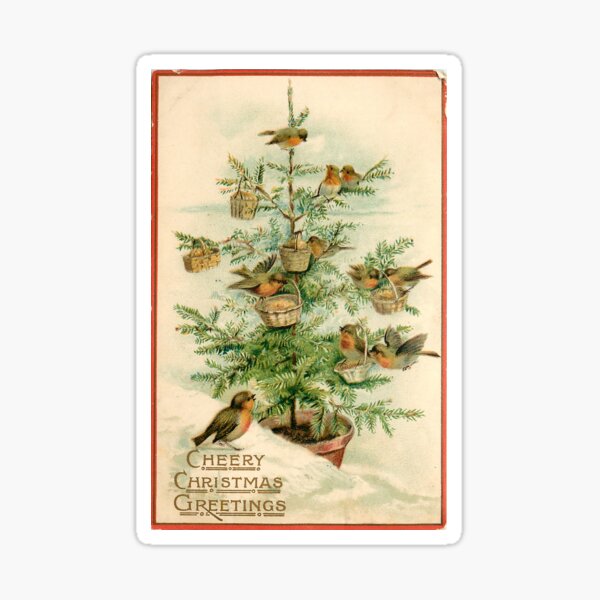 "Cheery Christmas Greeting" with Robins and Christmas Tree Vintage Christmas Postcard (1902) Sticker