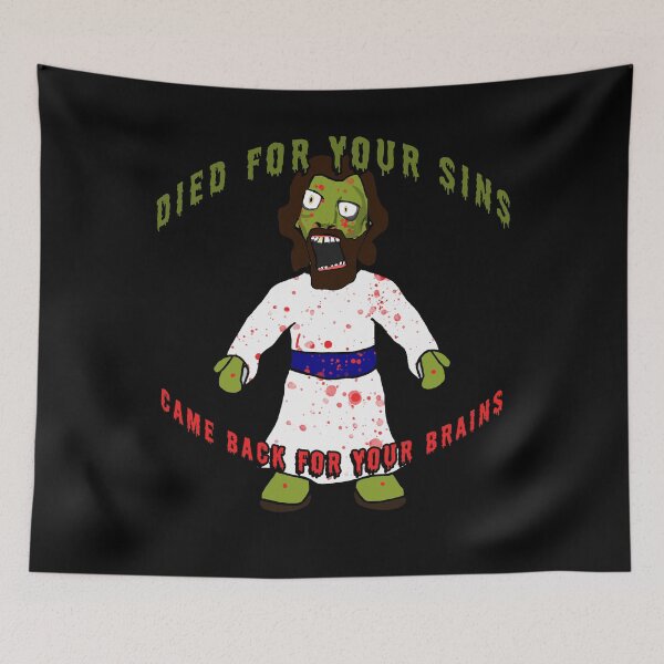Item preview,  Creepy Zombie Jesus died for your sins, came back for BRAINS!  Funny Horror creepy zombie jesus brains atheist agnostic humor gift idea designed and sold by AllLeftSides42.