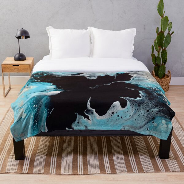 Black, Light Blue and Silver Abstract Ice Cave Fluid Art Painting Throw Blanket