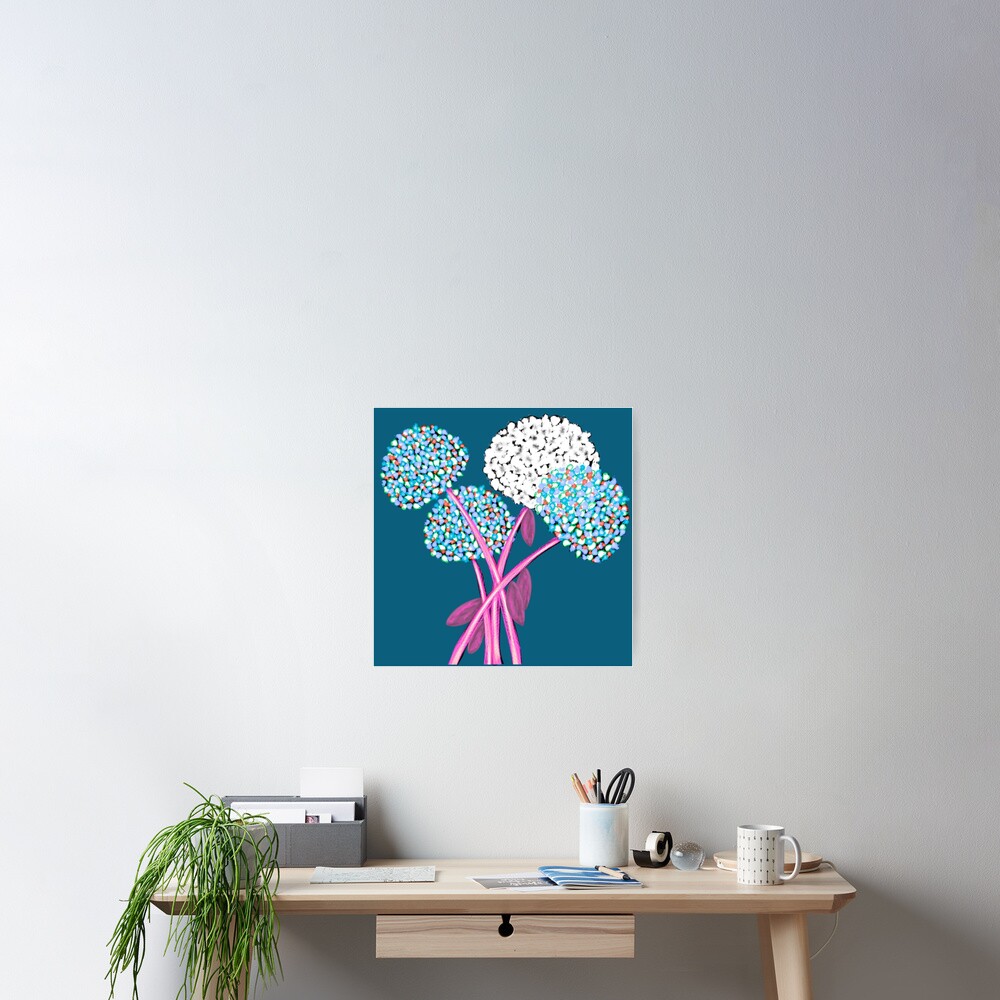 Pom Pom Flowered Bouquet Blue Poster