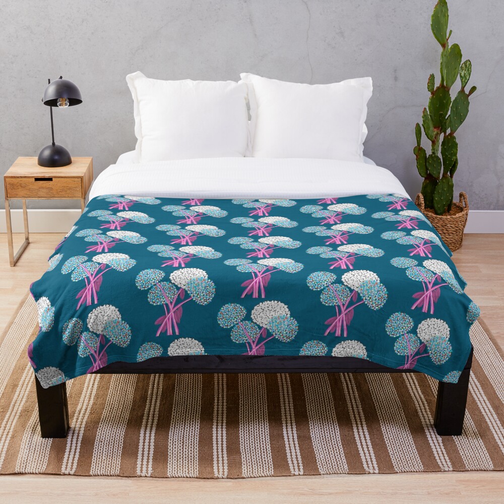 Pom Pom Flowered Bouquet Blue Throw Blanket