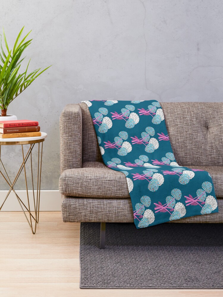 Alternate view of Pom Pom Flowered Bouquet Blue Throw Blanket