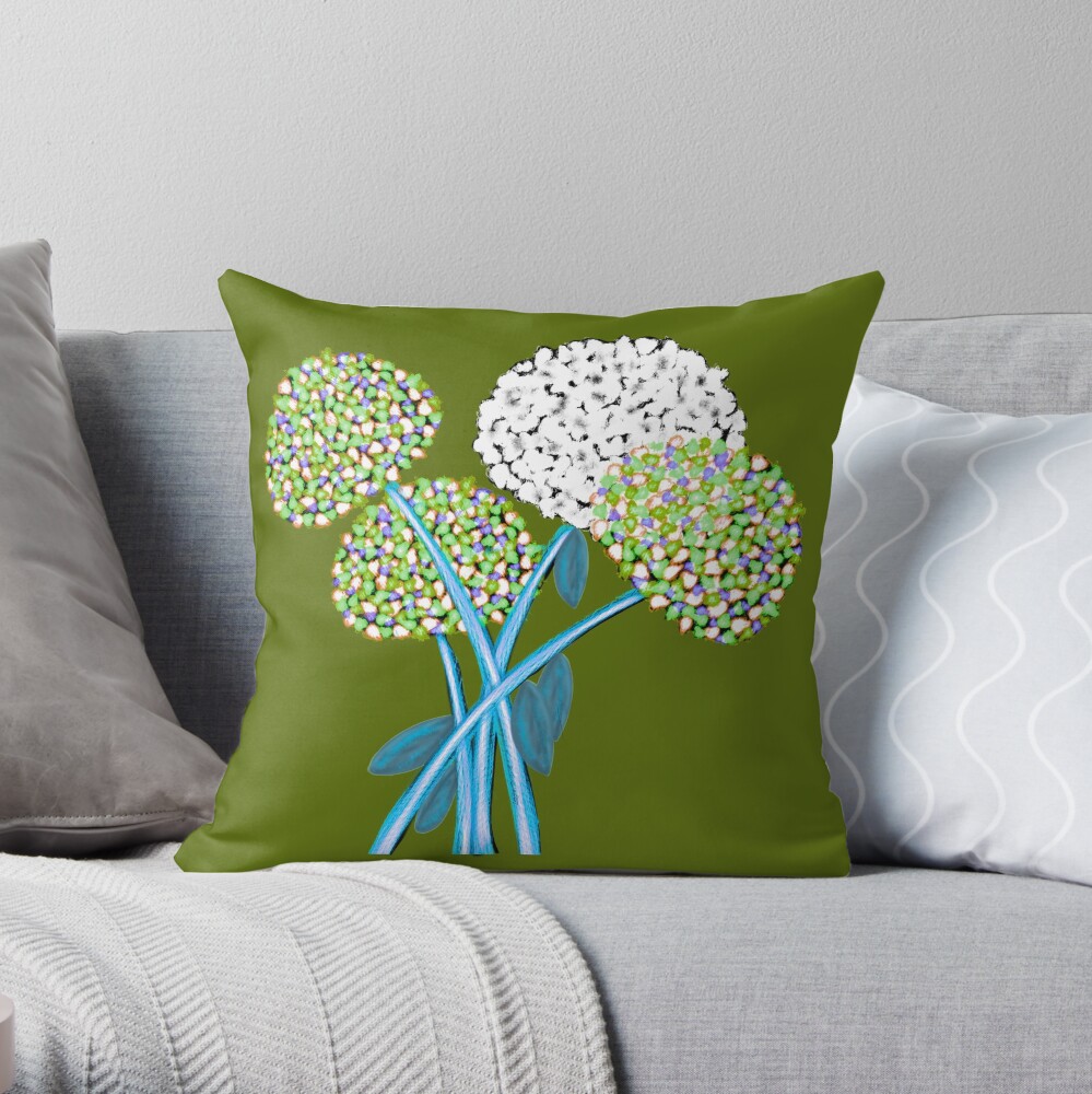 Pom Pom Flowered Bouquet Green Throw Pillow