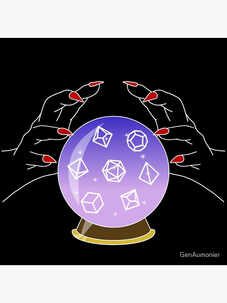 "Roll for Your Fate Polyhedral Dice Crystal Ball White Line Art